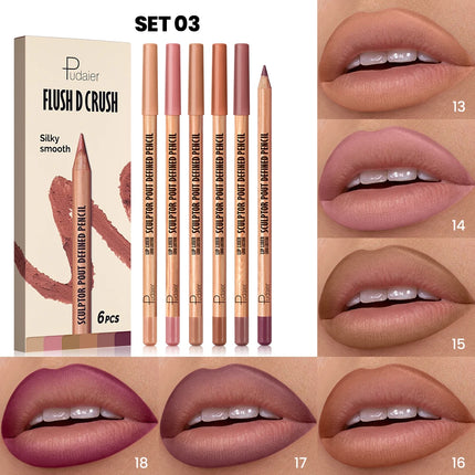 1 set of 6pcs  - Matte velvet lip liner pen set, waterproof, long-lasting and non-fading, suitable for various makeup looks