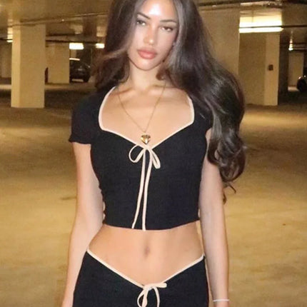 Y2K Summer Crop Top Bow Baby Tees Women's Clothes Chic Cute Low Cut Short Sleeve T-Shirts Black
