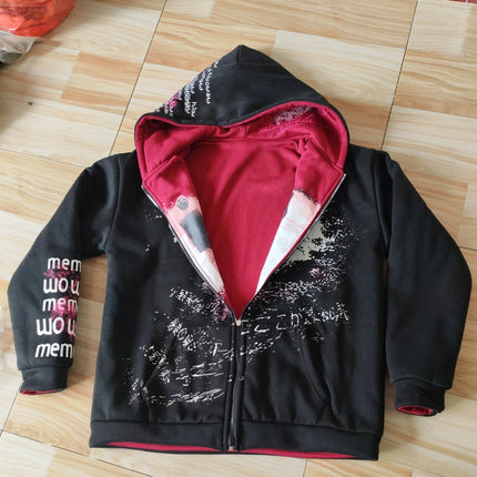 New Double-Sided Hooded Zipper Sweatshirt with Autumn and Winter American Printed Patchwork Cardigan Top and Outerwear Ins