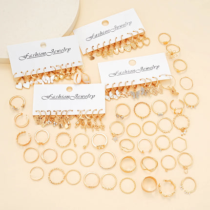 66 Pcs/Set Fashion Boho Gold Color Butterfly Love Earrings Ring Jewelry Set For Women Daily Vacation Wearing Gifts New 2024