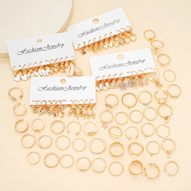 66 Pcs/Set Fashion Boho Gold Color Butterfly Love Earrings Ring Jewelry Set For Women Daily Vacation Wearing Gifts New 2024