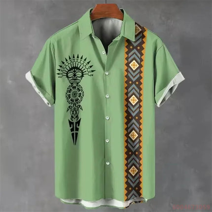 2026 Summer Men's Short-Sleeve Shirt, Coconut Tree Print, Color-Blocked Placket, Casual Vacation Beach Shirt, Hawaiian Shirt