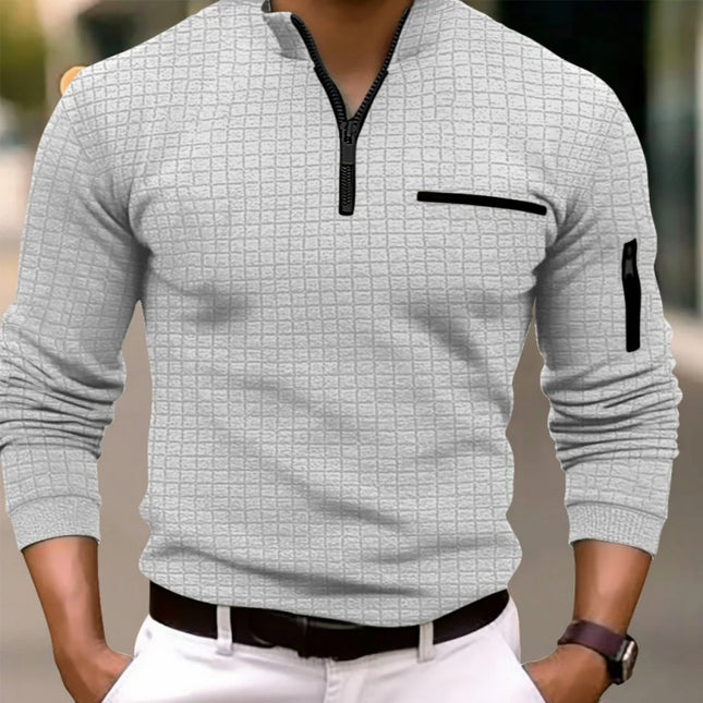 Spring autumn men's golf POLO shirt stand collar checkerboard arm zipper pocket fashion sports long-sleeved polo shirt top