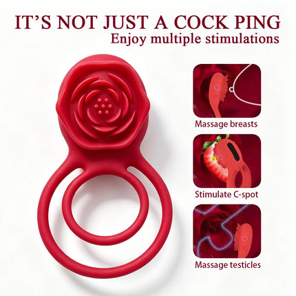 Silicone Rose Vibrating Cock Ring G-spot Clitoral C-spot Stim Male Delay Ring Breast & Testicle Massage Couples Adult Sex Toys