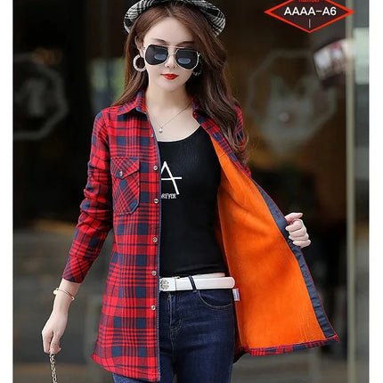 Thickened Fleece Women's Long Sleeve Shirt Warm Slim Fit Midi Length Plaid Korean Style Fashionable Women's Button-up Top