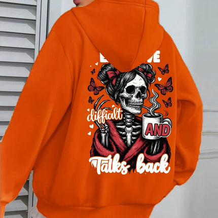 Expensive Talks Back Coffee Butterfly Skulls Print Women Hoody Autumn Hoodies Casual Loose Pullover Jogging Pocket Sportswear