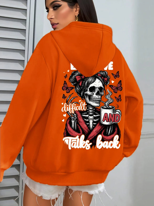 Expensive Talks Back Coffee Butterfly Skulls Print Women Hoody Autumn Hoodies Casual Loose Pullover Jogging Pocket Sportswear