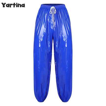 Mens Shiny Y2K Drawstring Jogging Pants Waterproof Elastic Waistband Side Pockets Track Baggy Glossy Pants Hip Hop Trousers