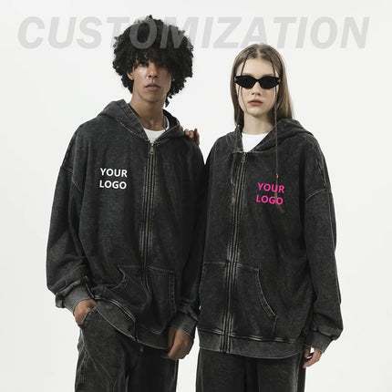 Customize Oversize Zipper Hoodie Heavy Weight Cotton Acid Washed Hoodies Brand Custom Logo Design Print On Demand Dropshipping