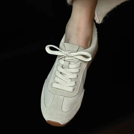 Ins Fashion Suede Leather Women Sneakers Lace Up Flat Shoes Genuine Leather  Ladies Flats Casual Shoes