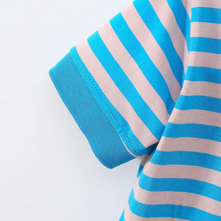 4-Piece Set Boys & Girls Striped Short Sleeve T-Shirt Tops Children's Fashion Stylish Collar Student Outfit
