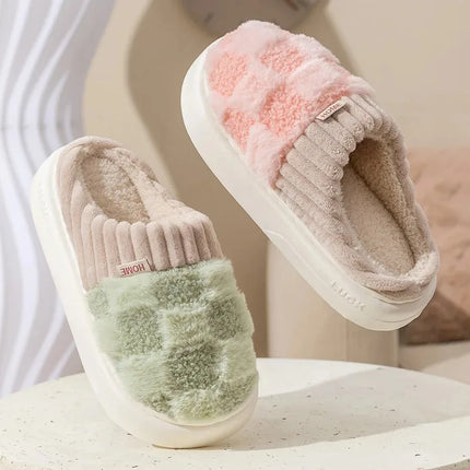 Fashion Couple Winter Toe Wrap Warm Plaid Plush Slippers Men Women Thick Soft Sole Slides Indoor Floor Flat Home Non-slip Shoes