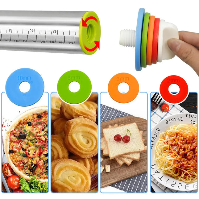 Stainless Steel Adjustable Rolling Pin/mat，Fondant Rolling Pin Cake Roller Dough Rolling Pin Dough Roller Kitchen Accessories