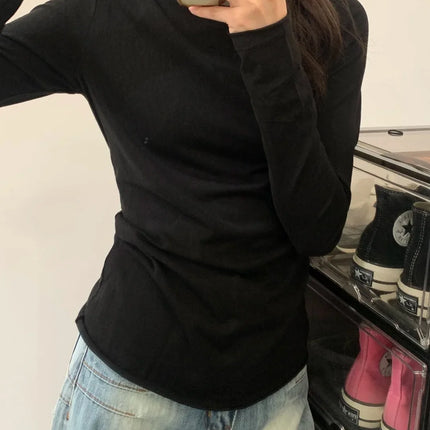 White Basic Long Sleeve T-Shirt Women's Thin Style Autumn Cuffed Loose Feeling Base Layer Shirt Simple Top for Teen Girls
