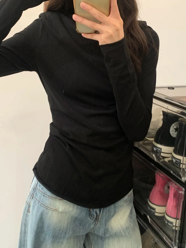White Basic Long Sleeve T-Shirt Women's Thin Style Autumn Cuffed Loose Feeling Base Layer Shirt Simple Top for Teen Girls