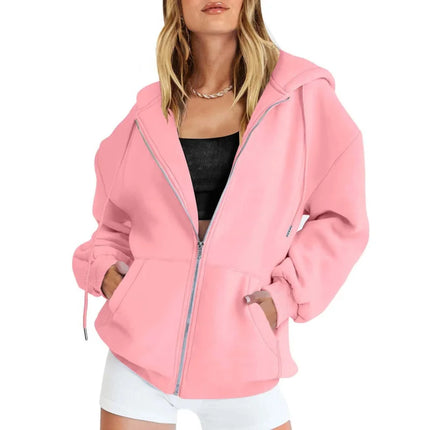 Fashion Gray Zip Up Sweatshirt Women Autumn Winter Jacket Clothes Hoodies Daily Pockets Long Sleeve Solid Versatile Lady Hoodies