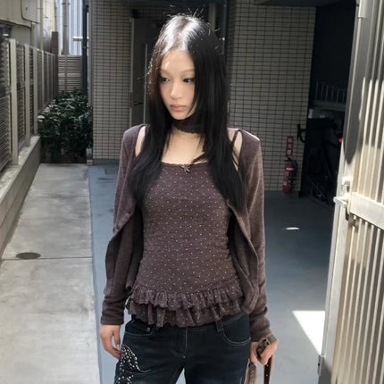 Karrram Japanese Y2k Knitted Tops Two Piece Set Vintage Harajuku Button Knit T-shirt Sets Korean 2000s Style Knitwear American