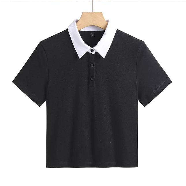 Summer New Cotton Polo Shirt Solid Color Polo Neck Short Sleeve High Waist Short Style Slim Fit Fashion Casual Women's Shirt