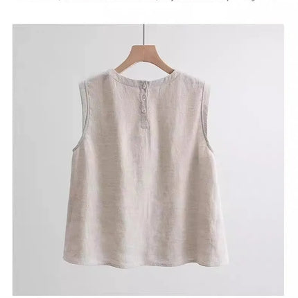 Loose Cotton Linen Vest Women's Summer New Plus Size Fat MM Outerwear Inner Match Svel T-shirt Top Versatile Round Neck
