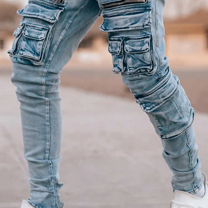 Men’s streetwear, multi pocket vehicle, snug, stretchy, light-colored jeans.