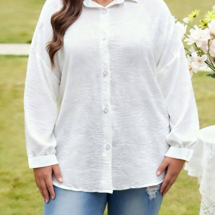Plus Size Women's White Shirt Collared Long Sleeve Loose