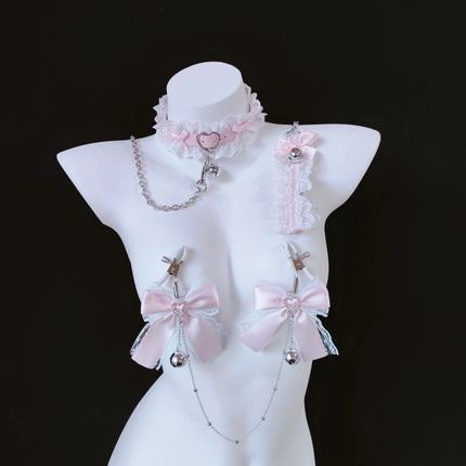 Pink Lace Bell Set Collar Traction Adjustment Sex Toy Tuning Mimi Clip Nipple Clip K9 Tuning Props Adult Sexy Toys Mascaras Bdsm