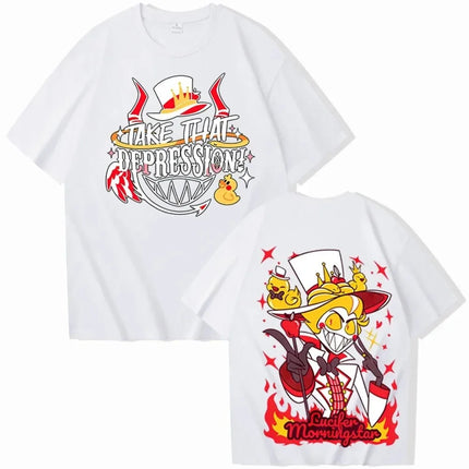 Hazbin Hotel Lucifer Morningstar "Take That Depression!" Theme T-Shirt Double-Sided Design + Dark-Cute Character Graphic