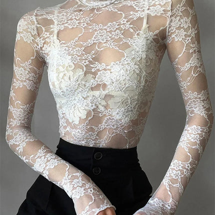 Women's Lace Floral T-shirt Long Sleeve Mock Neck Lace Slim Tee Tops Summer Sexy Retro See Through Crop Tops