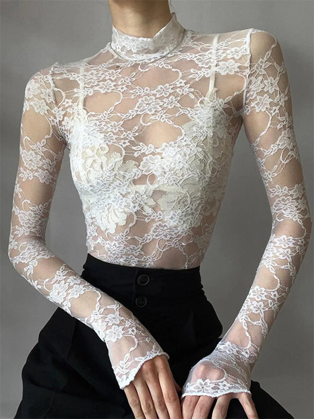 Women's Lace Floral T-shirt Long Sleeve Mock Neck Lace Slim Tee Tops Summer Sexy Retro See Through Crop Tops