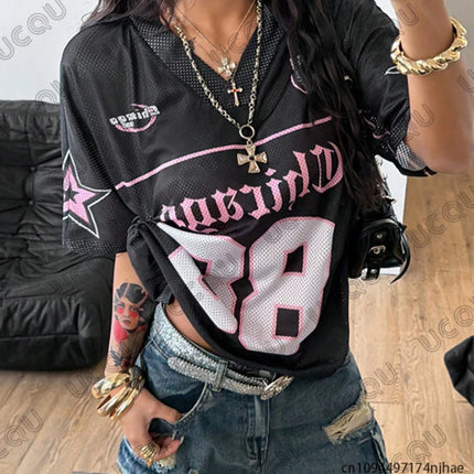 Summer New Chicago No.88 Print T Shirt For Women V-Neck Patchwork Short Sleeve Sports Football Jersey Y2K Loose Oversized Tops