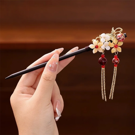 Handmade Hanfu Flower Hairpins Sticks with Tassel Vintage Wood Hair Stick Pins for Women Hair Styling Tools Jewelry Accessories