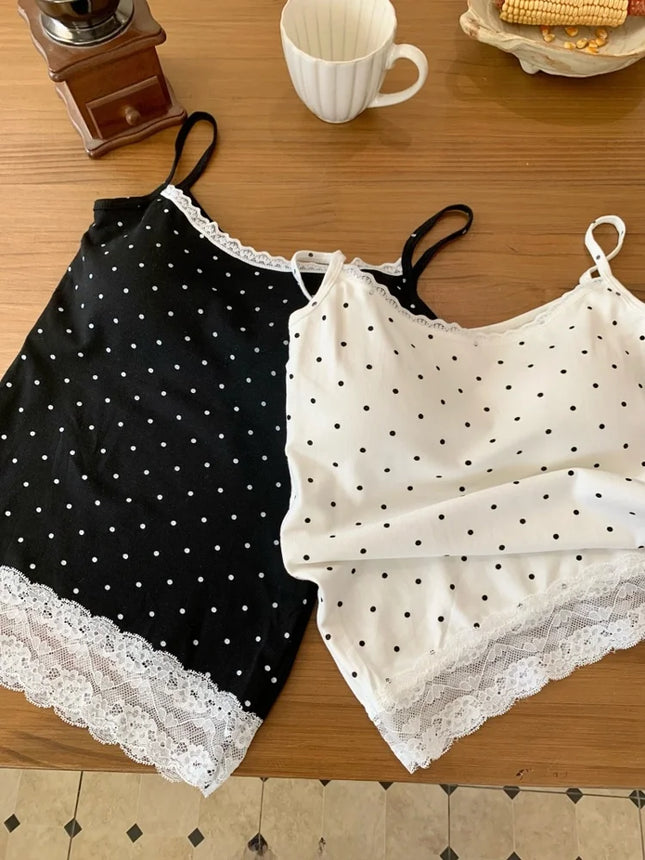 Sweet Sle Lace Polka Dot Svel Tank Top Padded Inner Wear Outerwear for Spring Summer Travel Outfit Casual Women's Vest