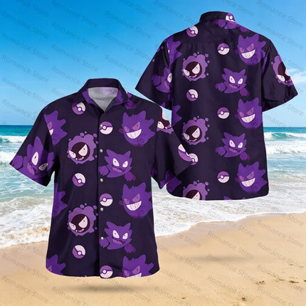 Anime Gengar Pattern Pokemon Button Up Hawaiian Shirt Summer Sports Dry Quickly Men's T-Shirt Kids Clothing Tee Y2k Woman Shirt