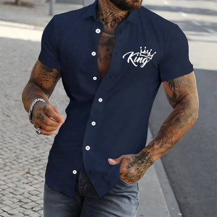 2026 New Men's Short-Sleeve Shirt, Stylish Crown Print Pattern, Slim Fit, Versatile, Simple Shirt, Multiple Colors Available