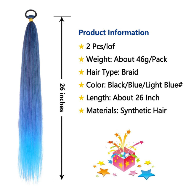 DIY 26 inch Ponytail Extension with Elastic Tie Straight Sleek Wrap Braid Yellow Blue Gradient Ponytail