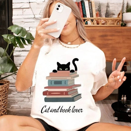 Cat Reading Design T-shirt, Women's and Girls' Sizes, A Perfect Gift for Book Lovers and Cat Owners - A Summer Book-themed T-shirt