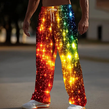 Christmas Men's Sparkling Glitter Christmas Light Pants Trousers Casual Pants Mid Waist Drawstring Casual Straight Leg Trousers