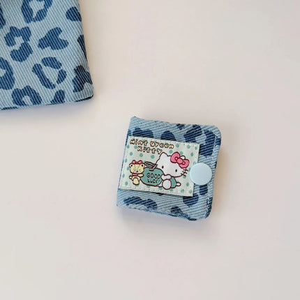 Sanrio Hello Kitty Leopard Print Denim Fabric Data Cable Storage Clip Charging Cable Storage Bag Brush Storage Gifts for Girl
