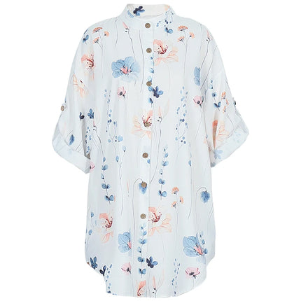 Plus Size Summer Women's Shirt V-neck Random Print Single Row Button Fashion Casual Loose Polyester Home Office Holiday