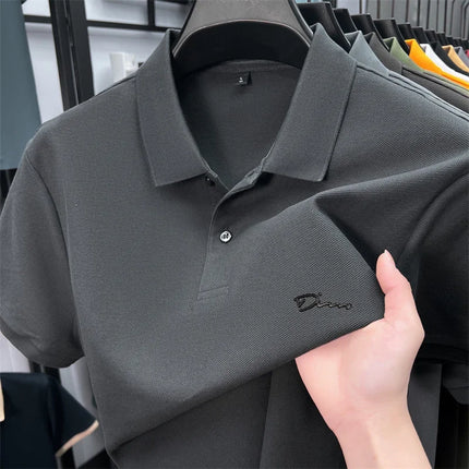 Men's Summer High-End Printed Golf Polo Shirt with Collar, Solid Color, Breathable, Office Casual, High-Quality Men's Clothing