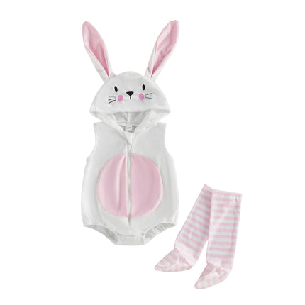 Baby Easter Bunny Costume Sleeveless Hood Zip Up Romper Stripe Long Socks Party Clothes