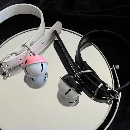 Women PU Leather Choker Collar With Metal Chain Bell Pendant And Traction Leash For Role Play Cosplay Party