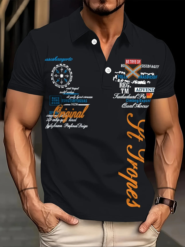 The 2025 summer new men's POLO shirt features a casual fashionable comfortable soft and breathable 3D letter pattern print