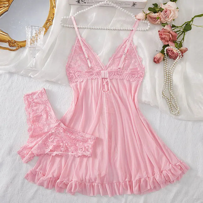 A Set Of Women's Underwear Nightgown Thong Sets Plus Size Suspender Lace Lingerie Sexy Accessories Erotic Bra Nightdress Lenceria