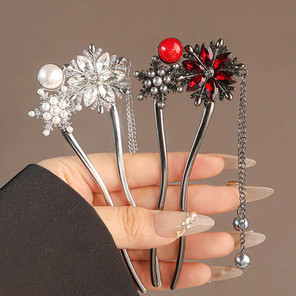 New Metal Hairpins Luxury  Women Hair Clip Pins Red Flower Hair Stick Hairstyle Design Tool Hair Accessories Gifts