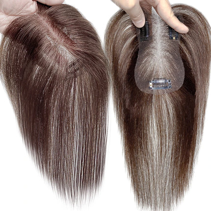 100% Real Human Hair Toppers with Bangs Silk Base 3Clip Pieces Brown Straight Human Topper Hairs for Women Hair Extension