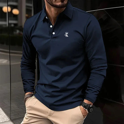 Men's polo shirt, casual sports, lapel, long-sleeved T-shirt, basic fashion, color blocks, patches, buttons, suitable for spring