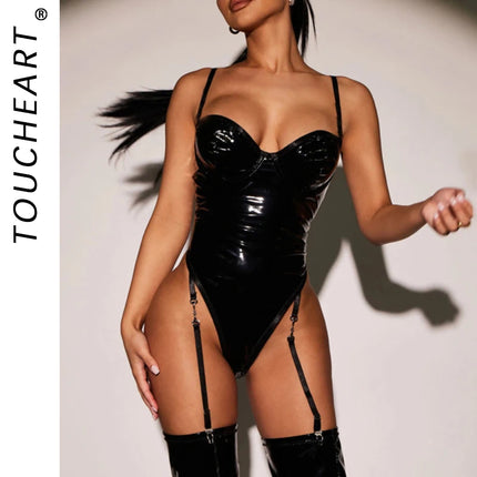 Toucheart Sexy Sexy Lingerie For Women Patent Leather Suspender Bodysuit Solid Color Plunge Garter Belt Sexy Underwear Suit New