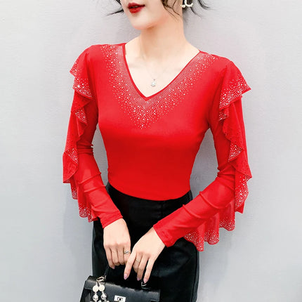 2025 Autumn New Style Mesh Tops Korean Fashion Round Neck Ruffles Shirt Lotus Leaf Edge Hot Diamond Long Sleeve Women T-Shirt
