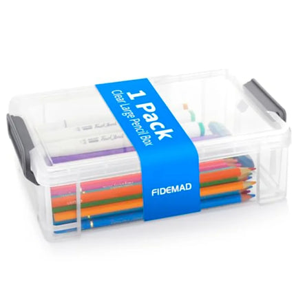 Clear Plastic Pencil Box - Extra Large Stackable with Secure Lid, Hard Storage Organizer Box for Crayons, Markers, Pens, Classr